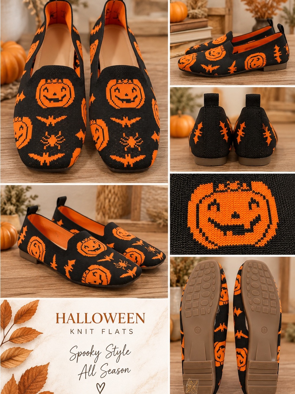 Halloween Knit Slip-On Flats for Women - Black & Orange
